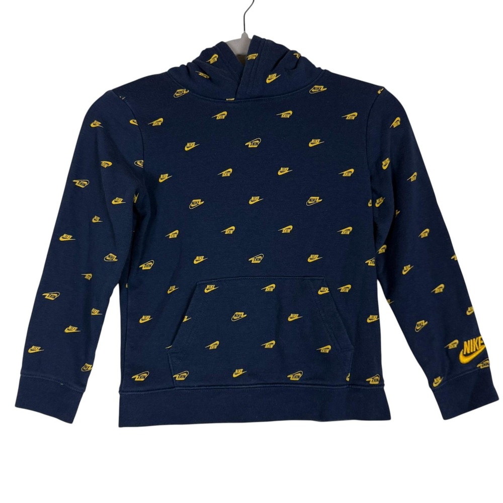 Nike Hoodie Sweatshirt Kids 6-7 Blue Fleece Pullover Allover Swoosh Logo Graphic